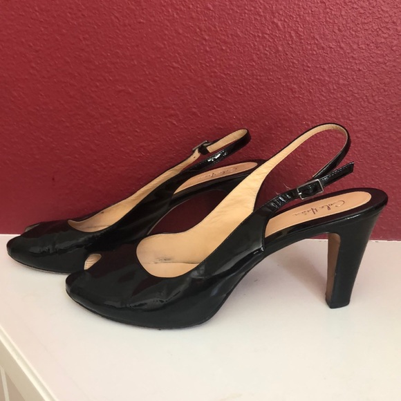 black patent peep toe slingback heels